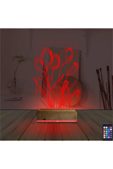 Kirppi 3d Lamba Lale Çiçek Masa Gece Lambası - 7