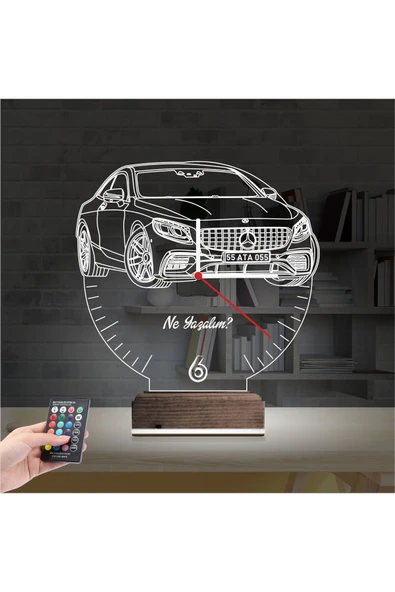 Kirppi 3d Saat Lamba Mercedes Araba Kişiye Özel Masa Gece Lambası - 9