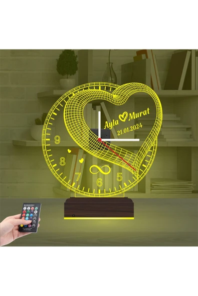 Kirppi 3d Saat Lamba Sevgiliye Hediye Kalp Sonsuzluk Yıldönümü Kişiye Özel Masa Gece Lambası - 14