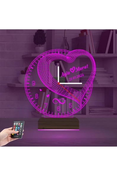 Kirppi 3d Saat Lamba Sevgiliye Hediye Kalp Sonsuzluk Yıldönümü Kişiye Özel Masa Gece Lambası - 4