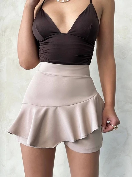 Valonlu fırfırlı şort bej s24683 - 6