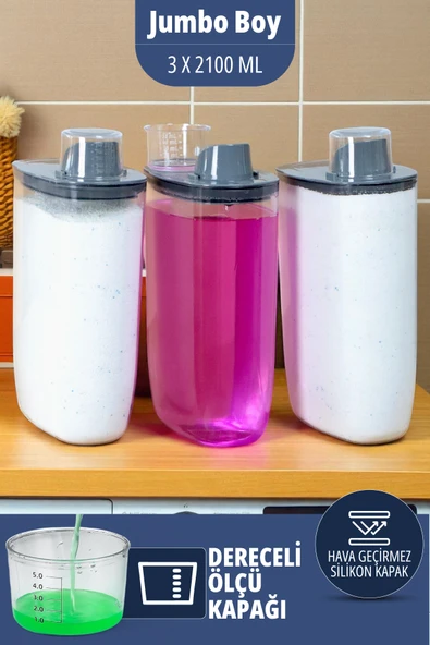 İronika Silikon Kapaklı Ölçekli Toz Sıvı Tablet Deterjan Saklama Kabı Kutusu 2100 Ml 3 Adet - 1