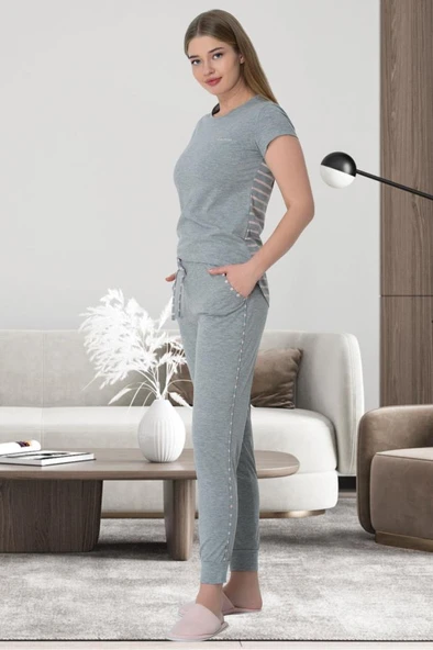 Mecit 6501 Bayan Pembe Çizgili Gri Sabahlık Gecelik Pijama Seti - Resim 3
