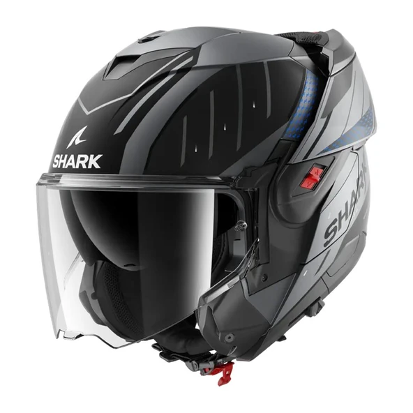 SHARK OXO RYDGER MAT SİYAH-GRİ-MAVİ ÇENE AÇILIR KASK - Resim 2