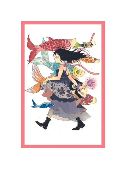 Japon Sanat Tarzı Renkli Balık ve Kız İllüstrasyonu   Dekoratif Kartpostal & Hediye Not Kartı 10x15 - 1