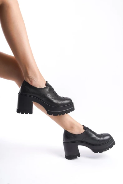 Kadın Dianai Siyah Cilt Carık Model 8 cm Topuklu Platformlu Ayakkabı - 2