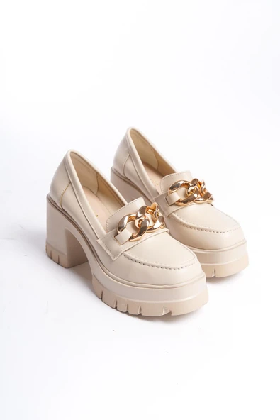 Kadın Guzi Krem Cİlt Zincir Tokalı 8 cm Topuklu Platformlu Ayakkabı - 4