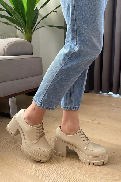 Kadın Carmel Bağcıklı Krem Cilt 8 cm Topuklu Platformlu Ayakkabı - 5