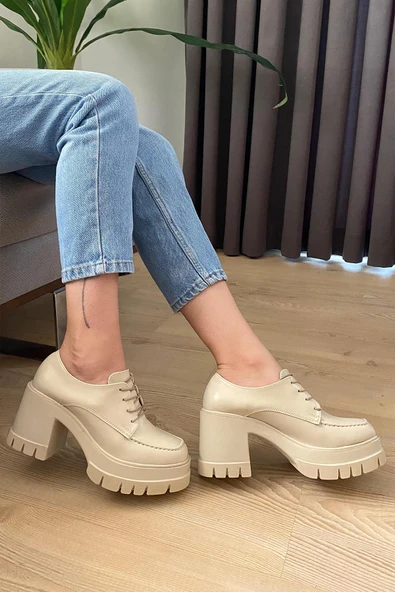 Kadın Carmel Bağcıklı Krem Cilt 8 cm Topuklu Platformlu Ayakkabı - 2