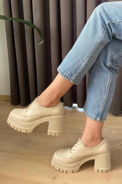 Kadın Carmel Bağcıklı Krem Cilt 8 cm Topuklu Platformlu Ayakkabı - 4