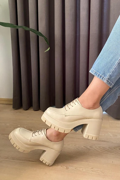 Kadın Carmel Bağcıklı Krem Cilt 8 cm Topuklu Platformlu Ayakkabı