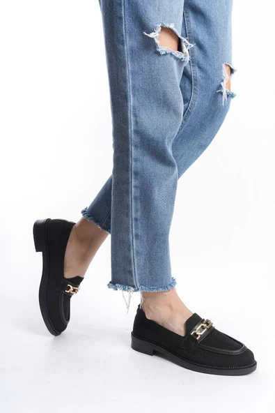 Kadın Eyzy Siyah Triko Tokalı Lofer Mokosen Babet Ayakkabı - 2