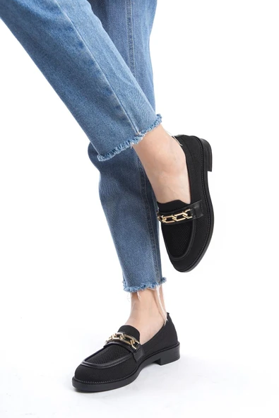 Kadın Eyzy Siyah Triko Tokalı Lofer Mokosen Babet Ayakkabı - 3