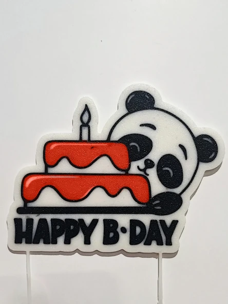 Panda Temalı Doğum Günü Pasta Süsü  HAPPY B-DAY Yazılı 3D Baskı Figür - 2
