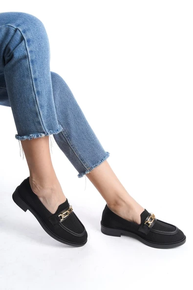 Kadın Eyzy Siyah Triko Tokalı Lofer Mokosen Babet Ayakkabı