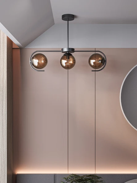 Ayza Modern Metal Gövdeli 3'lü Cam Küre Avize