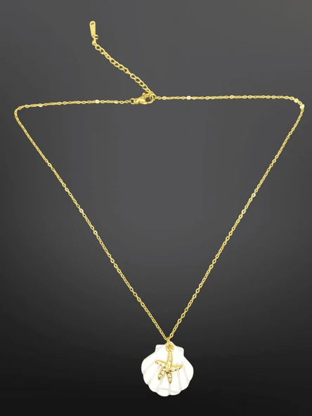 Gold Renk Zincir Midye ve Taşlı Denizyıldızı 316L Çelik Kolye – Yaz Temalı Zarif Takı ürün görseli 1