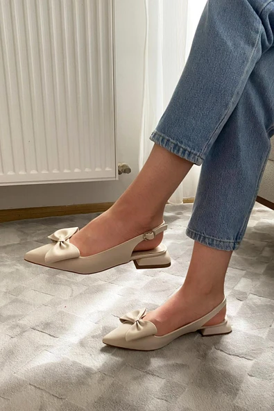 Sista Krem Cilt Fiyoklu Arkası Acık 2 cm Topuklu Sivri Burun Babet - 3