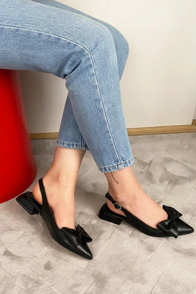 Sista Siyah Cilt Fiyoklu Arkası Acık 2 cm Topuklu Sivri Burun Babet - 6