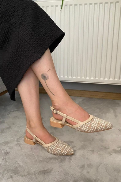 Kadın Tena Bej Keten Arkası Acık Sivri Burun Günlük Babet - 2