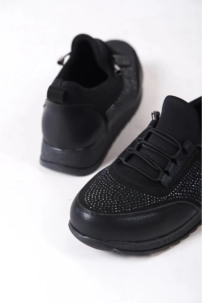 Kadın Galina Siyah Taşlı Bağcıklı Lastikli Ortopedik Rahat Taban Taş Detaylı Günlük Babet Anne Ayakkabısı - 5