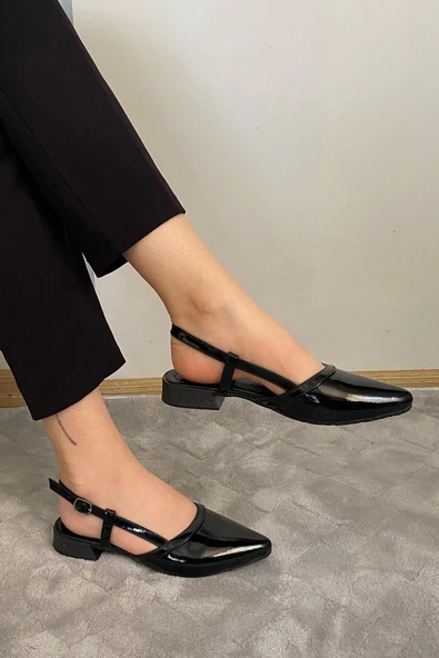 Kadın Tena Siyah Rugan Arkası Acık Sivri Burun Günlük Babet - 5