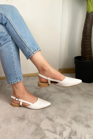 Kadın Tena Beyaz Cilt Arkası Acık Sivri Burun Günlük Babet - 2