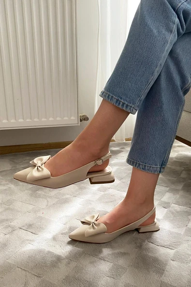 Sista Krem Cilt Fiyoklu Arkası Acık 2 cm Topuklu Sivri Burun Babet - 4