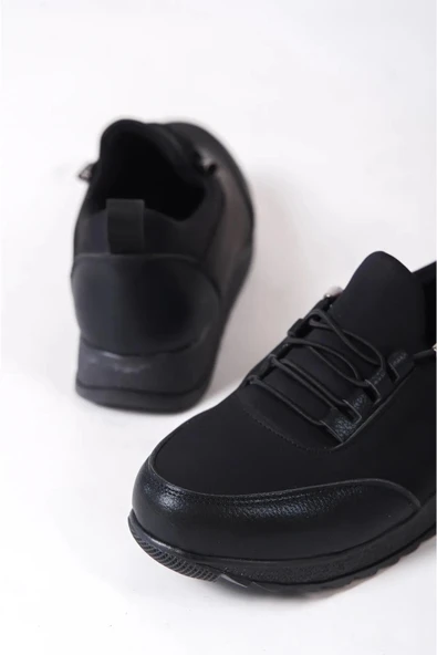 Kadın Galina Siyah Bağcıklı Lastikli Ortopedik Rahat Taban Taş Detaylı Günlük Babet Anne Ayakkabısı - 5