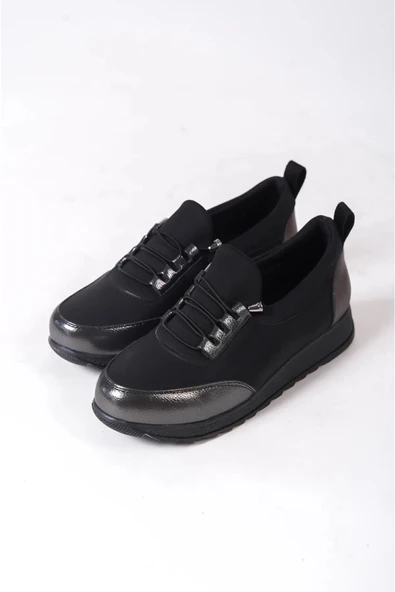 Kadın Galina Siyah Platın Bağcıklı Lastikli Ortopedik Rahat Taban Taş Detaylı Günlük Babet Anne Ayakkabısı - 4