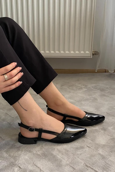 Kadın Tena Siyah Rugan Arkası Acık Sivri Burun Günlük Babet - 4