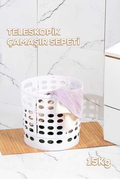 Porsima 25100 Teleskopik Katlanır Sepet Katlanabilir Çamaşır Sepeti Orta Boy Katlanır Çamaşır Sepeti Beyaz 15lt Beyaz - Resim 3