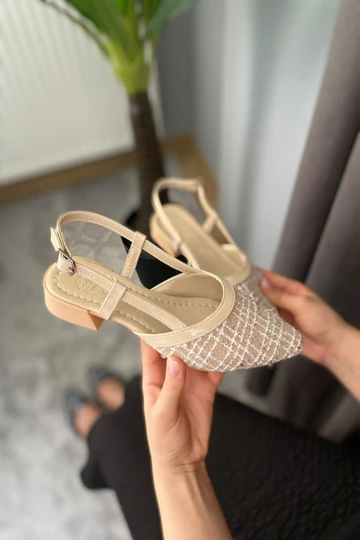 Kadın Tena Bej Keten Arkası Acık Sivri Burun Günlük Babet - 3