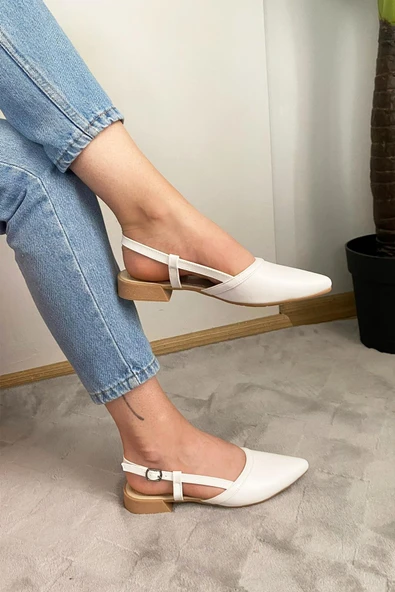 Kadın Tena Beyaz Cilt Arkası Acık Sivri Burun Günlük Babet - 6