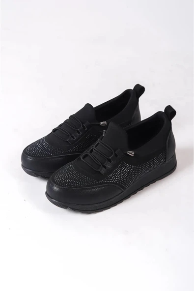 Kadın Galina Siyah Taşlı Bağcıklı Lastikli Ortopedik Rahat Taban Taş Detaylı Günlük Babet Anne Ayakkabısı - 4