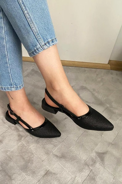 Kadın Tena Siyah Rugan Simli Arkası Acık Sivri Burun Günlük Babet - 2