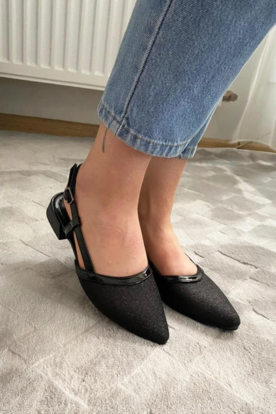 Kadın Tena Siyah Rugan Simli Arkası Acık Sivri Burun Günlük Babet - 4