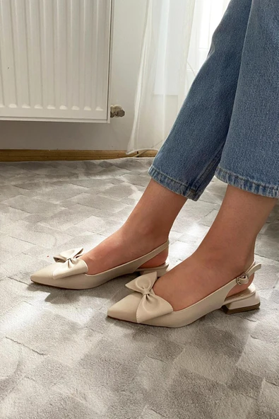 Sista Krem Cilt Fiyoklu Arkası Acık 2 cm Topuklu Sivri Burun Babet - 6