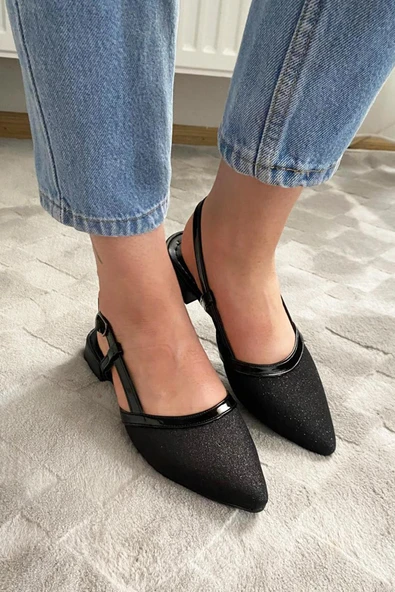 Kadın Tena Siyah Rugan Simli Arkası Acık Sivri Burun Günlük Babet - 6