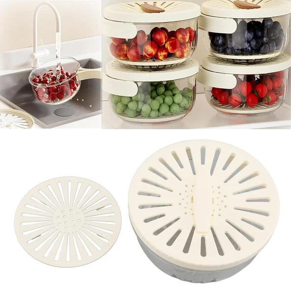 Katlanır Kulplu Çift Katmanlı Süzgeçli Saklama Kabı | Drenaj Tepsili, Çok Amaçlı Buzdolabı Kutusu ürün görseli