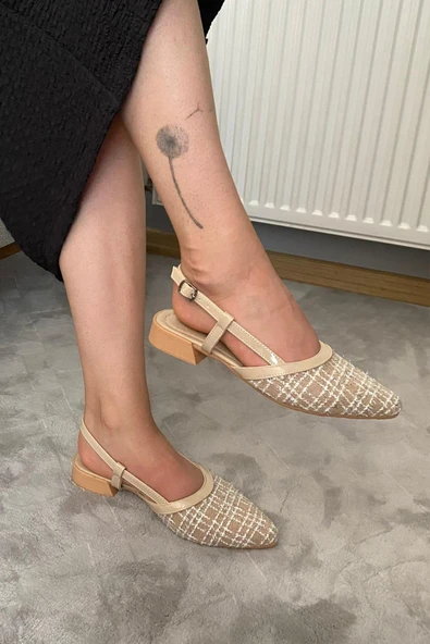 Kadın Tena Bej Keten Arkası Acık Sivri Burun Günlük Babet - 5