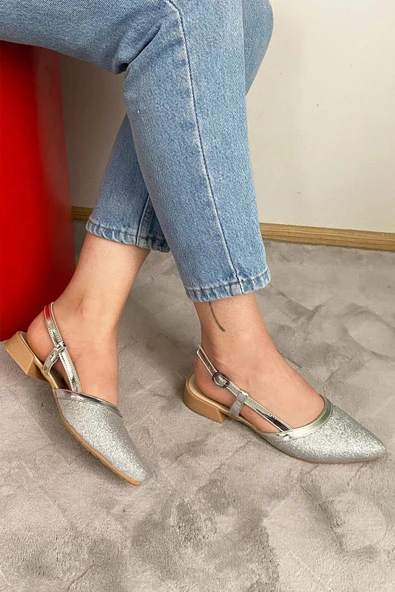 Kadın Tena Gümüş Simli Arkası Acık Sivri Burun Günlük Babet - 6