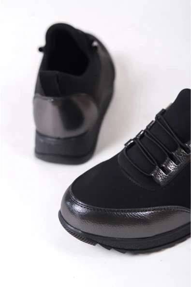 Kadın Galina Siyah Platın Bağcıklı Lastikli Ortopedik Rahat Taban Taş Detaylı Günlük Babet Anne Ayakkabısı - 5