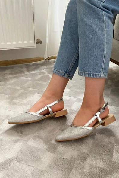 Kadın Tena Gümüş Simli Arkası Acık Sivri Burun Günlük Babet - 5