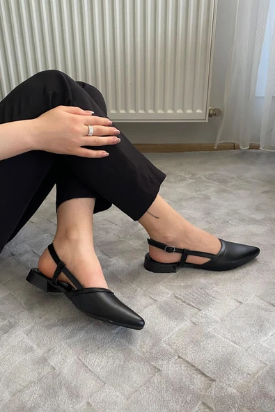 Kadın Tena Siyah Cilt Arkası Acık Sivri Burun Günlük Babet - 4