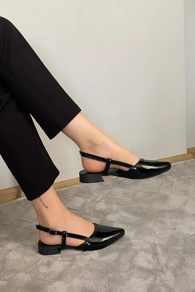 Kadın Tena Siyah Rugan Arkası Acık Sivri Burun Günlük Babet - 3