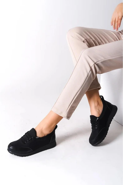 Kadın Galina Siyah Bağcıklı Lastikli Ortopedik Rahat Taban Taş Detaylı Günlük Babet Anne Ayakkabısı - 2