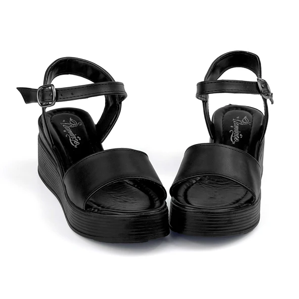 Kadın Siyah Tokalı Dolgu Topuklu Sandalet 6 Cm Rahat Yüksek Topuklu - Resim 4