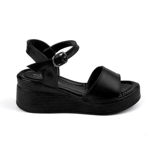 Kadın Siyah Tokalı Dolgu Topuklu Sandalet 6 Cm Rahat Yüksek Topuklu - Resim 2