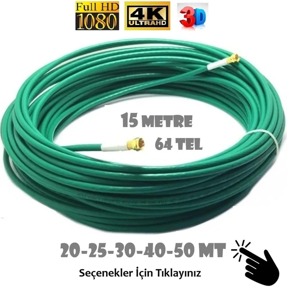 15 Metre 64 Tel Rg6/u4 Gold Uçlu Anten Kablosu 3D 4K Fullhd 1080 Tak Kullan - Yeşil ürün görseli 1